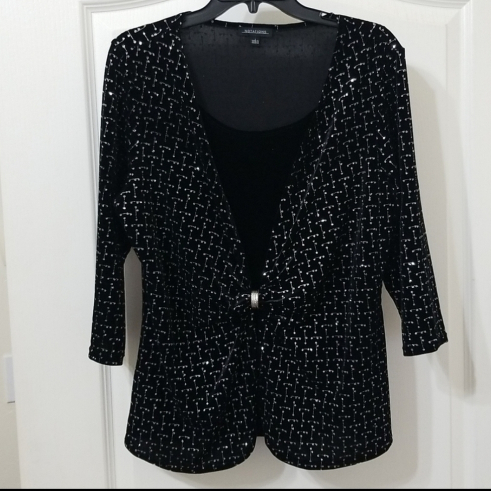 Notations Black Velvet W/Glitter 3/4 Sleeve Top Size L